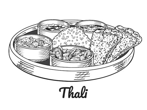 Cuisine Indienne Traditionnelle Thali Dessin Au Trait Dessiné à La