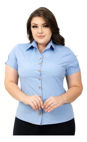 Camisa Social Feminina Manga Curta Tons De Jeans Plus Size