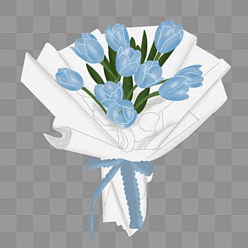 A Bouquet Of Blue Tulips Tied To A White Ribbon On A Gray Background