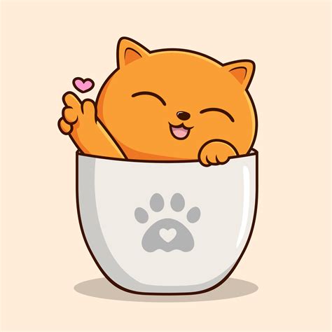 Orange Cat In Cup Waving Paws Cartoon Orange Pussy Cat Love Hand Vector Vector Art At