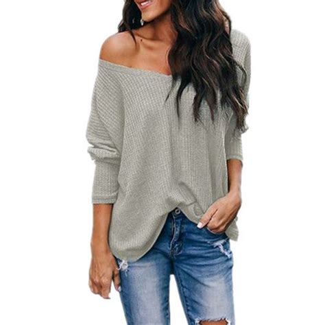 Women Casual Off Shoulder V Neck Waffle Knit Blouse Batwing Sleeve Loose Tunic Ad