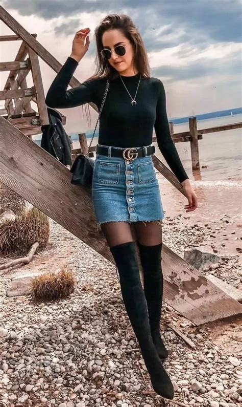 40 Thigh High Boots Outfit Ideas That Are Easy To Copy Denim Skirt Women Trendy Fall Outfits