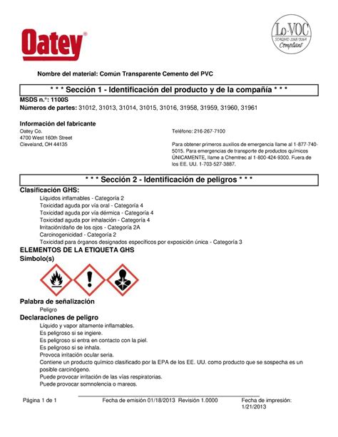 Hds Cemento Oatey Hoja De Datos De Seguridad Studocu