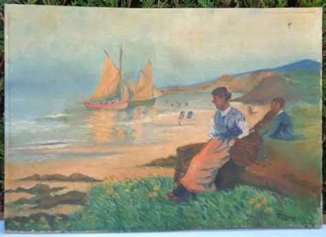 Tableau Ancien Huile Sur Toile Marine Personnages Et Bateaux Sign F