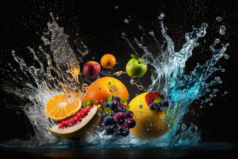 Premium Ai Image Fresh Fruits With Water Splash Isolated On Black