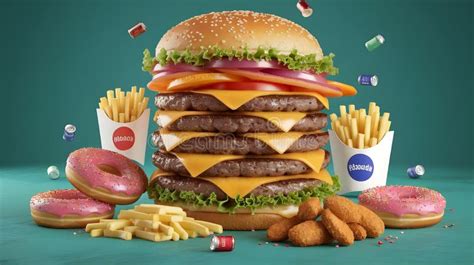 Giant Burger Donuts French Fries Chicken Nuggets and Soda Cans Stock ...