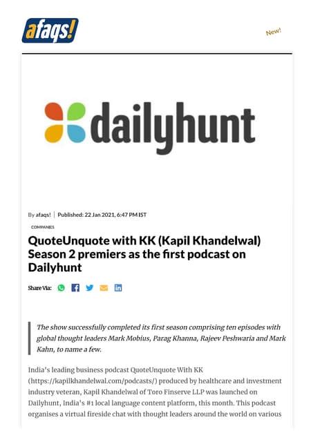 Quoteunquote With Kk Kapil Khandelwal Season 2 Premiers As The First Podcast On Dailyhunt Pdf