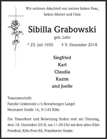 Traueranzeigen Von Sibilla Grabowski WirTrauern