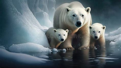 Madre De Oso Polar Y Cachorros En La Ilustración Del Hábitat ártico