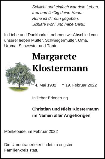 Traueranzeigen Von Margarete Klostermann Trauer Nordkurier