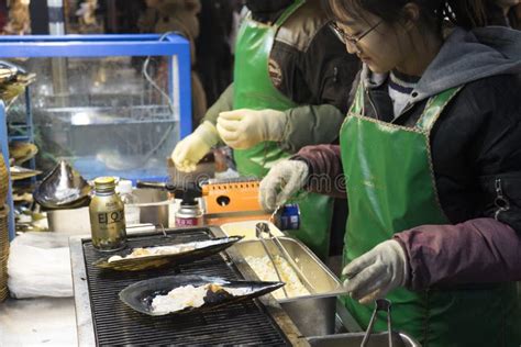 Traditional Korean Street Food At Night Market In Myeongdong Shopping