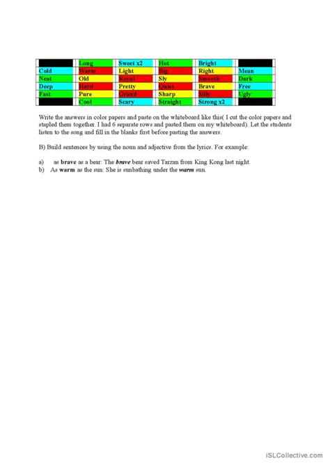 Adjective song song and nursery rhym…: English ESL worksheets pdf & doc