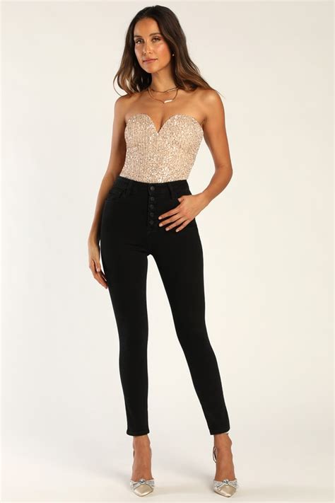 Gold Sequin Bodysuit Strapless Bodysuit Notched Bodysuit Lulus