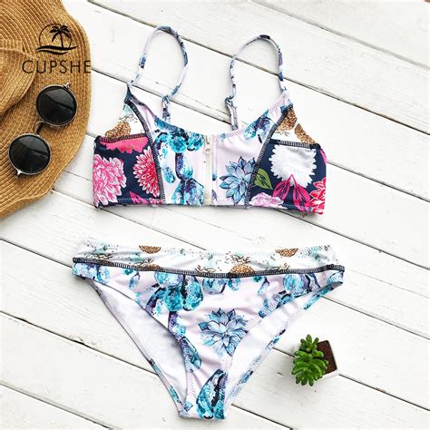 Cupshe Flowers Print Zipper Bikini Set Women Flora Slim Thong Bikini