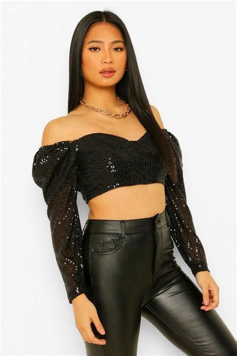 Petite Sequin Corset Style Crop Top Boohoo