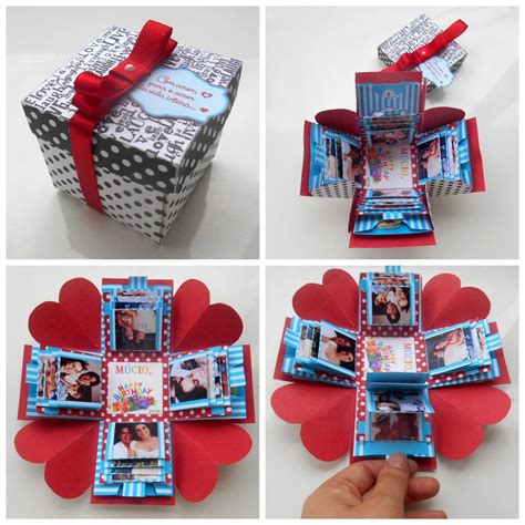 Four Different Views Of An Open Gift Box With Pictures On It And A