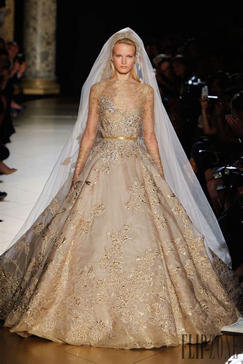 Elie Saab Gold Lace Beads Wedding Dresses With Long Sleeves Appliqued