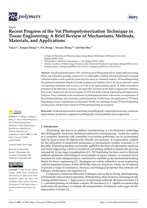 (PDF) Recent Progress of the Vat Photopolymerization Technique in ...