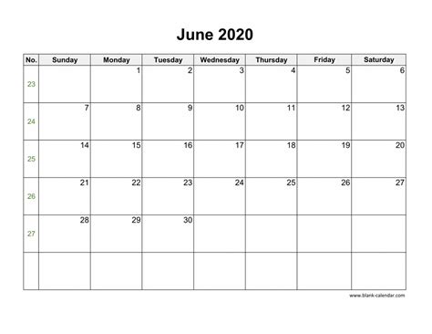 Download June 2020 Blank Calendar With Us Holidays Horizontal