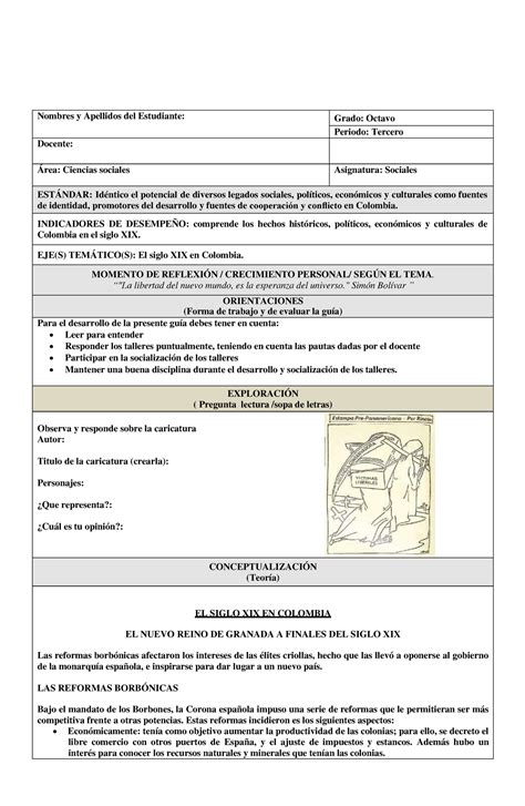 Guia Y Taller Grado Octavo Colombia Siglo Xix Nombres Y Apellidos Del