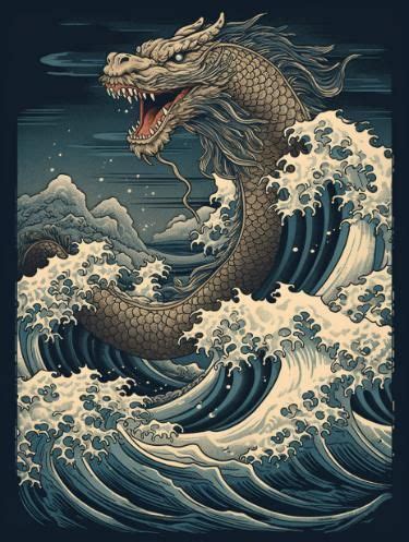 Japanese Wave with Sea Monster Design | Seni jepang, Wallpaper seni, Lukisan