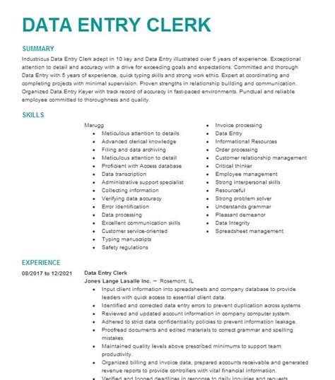 Data Entry Clerk Resume Example