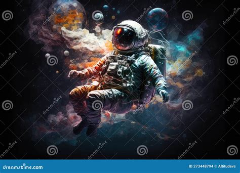 Artistic Astronaut Floating In Space Surrounded By Stars And Planets