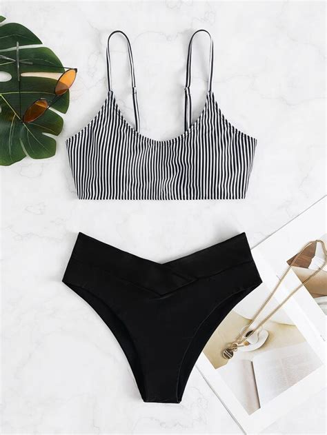 Shein Swim Vcay Vertical Striped Bikini Set Wireless Bra Top Hipster