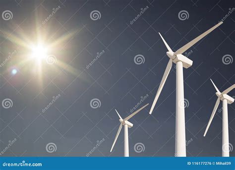 Wind Turbines Generating Electricity With Blue Sky Stock Photo Image