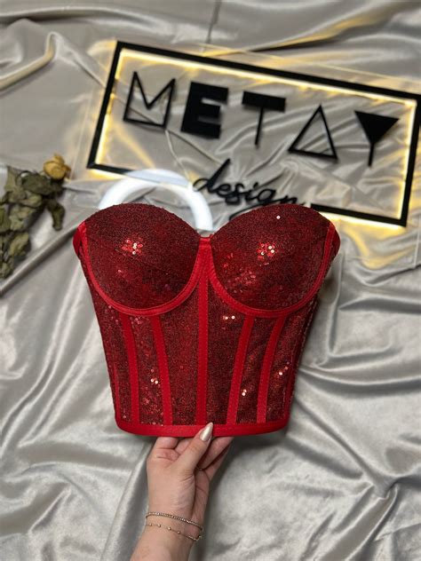 Red Corset Sequined Corset Sequined Bustier Red Sequin Corset Top