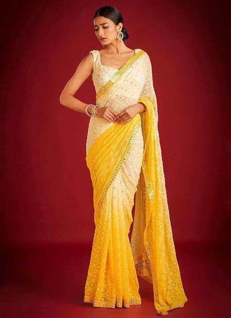 Buy Yellow Faux Georgette Embroidered Saree Party Wear Online At Best