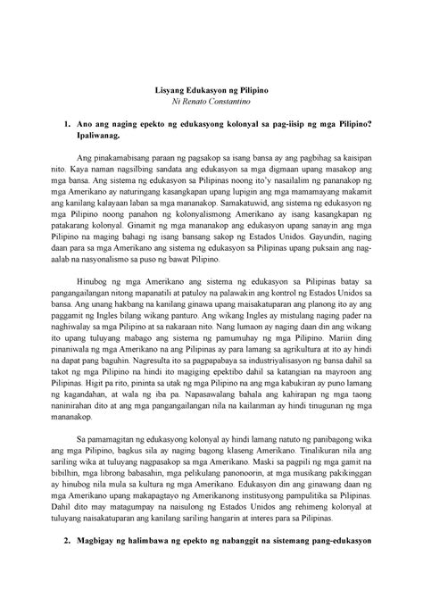 Lisyang Edukasyon Ng Pilipino Ano Ang Naging Epekto Ng Edukasyong