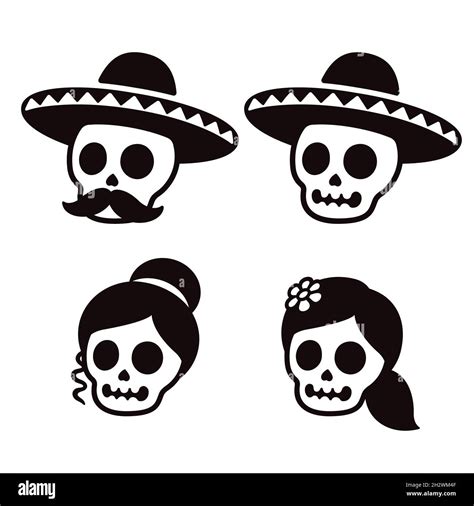 Cartoon Dia de los Muertos (Day of the Dead) Mexican skull family set ...