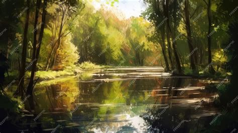 Premium AI Image | A painting of a river with trees in the background