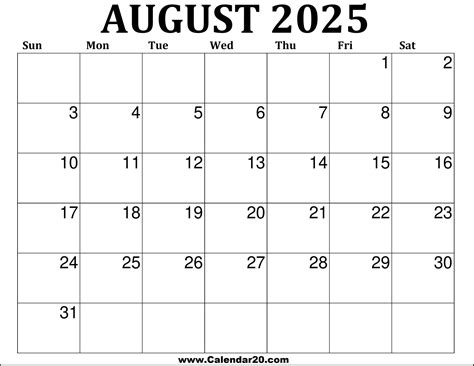 August 2025 Calendar Printable