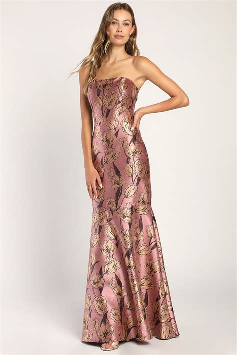 Mauve Floral Maxi Dress Strapless Maxi Dress Jacquard Dress Lulus