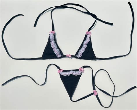 Black And Pink Ruffle Lace Bow Micro Bikini Set Etsy