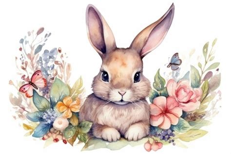 Hay Una Pintura De Acuarela De Un Conejo Con Flores En El Ai Generativo