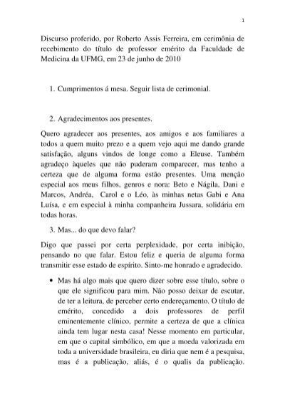 Discurso proferido por Roberto Assis Ferreira em cerimônia de