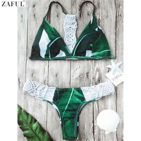 Zaful 2017 Women New Crochet Panel Palm Leaves Bikini Set Spaghetti