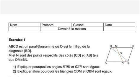 Devoir à la maison Exercice 1 ABCD est un parallelogramme où O est le