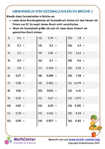 Umwandeln Von Dezimalzahlen In Br Che Arbeitsbl Tter Math Center