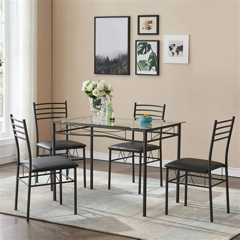 Vecelo 5 Piece Dining Table Set Glass Top Rectangle Dine Table And 4 Chairs Metal Kitchen