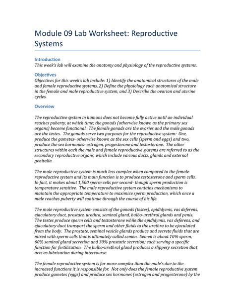 Reproductive System Lab Report Module 09 Lab Worksheet Reproductive Systems Introduction This