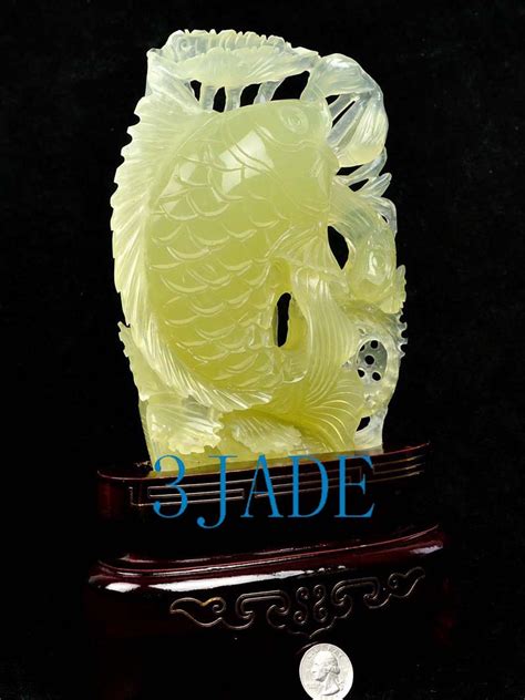 Natural Xiu Jade Serpentine Koi Fish Statue Chinese Carving