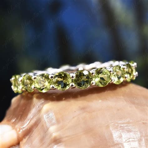 14K Solid Gold Peridot Wedding Band, Round Cut Green Peridot Bridal ...