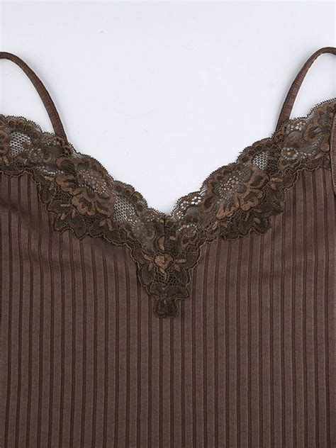 2022 Lace Paneled Rib Crop Cami Top Brown M In Tank Tops Camis Online