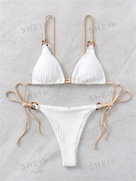 Shein Swim Conjunto De Bikini Acanalado Sujetador De Tanga Triangular