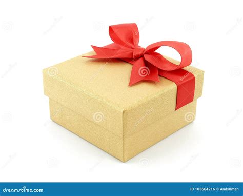 Caja De Regalo De Oro Con El Arco Rojo De La Cinta Aislado En El Fondo