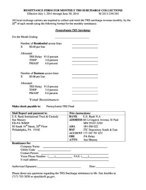 Fillable Online Puc State Pa REMITTANCE FORM FOR MONTHLY TRS SURCHARGE